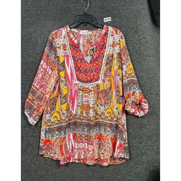 Figueroa & Flower Tops - Figueroa Flower Tunic Blouse Womens Size XL Multi V-Neck Roll Tab 3/4 Sleeves